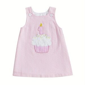 Baby Girl First Birthday One Year Old Seersucker Cake Embroidery Dress Size 12M